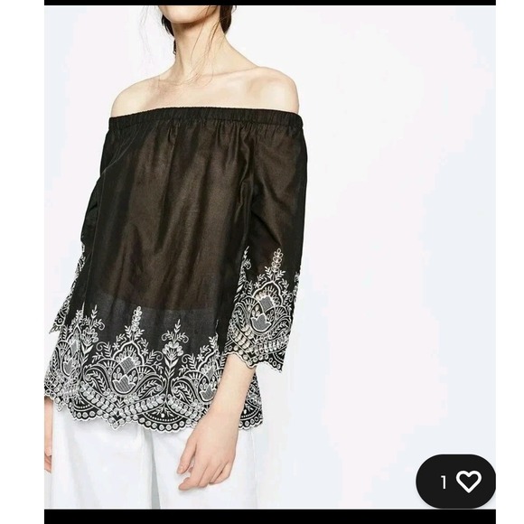 I. Madeline Tops - I. Madeline Black Off Shoulder Top Embroidered 3/4 Sleeve Blouse Size S